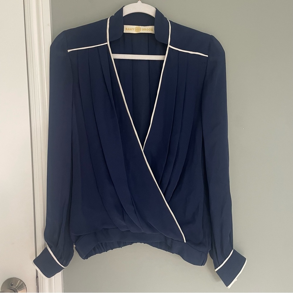 Ramy Brook Navy White Piping Sheer Long Sleeve Faux Wrap Top Blouse